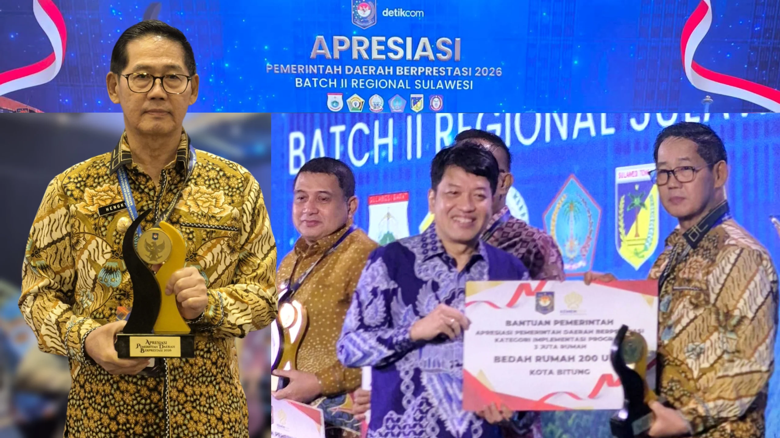 Walikota Bitung, Hengky Honandar, saat menerima penghargaan Terbaik III Program 3 Juta Rumah dari Wakil Kepala BPS RI, Sonny Harry Budiutomo Harmadi, di Hotel Claro Makassar, Jumat (18/9/2026). Melalui prestasi ini, Kota Bitung resmi mendapatkan alokasi 200 kuota bedah rumah. (Foto: Istimewa/Dok.SUDARA.ID)