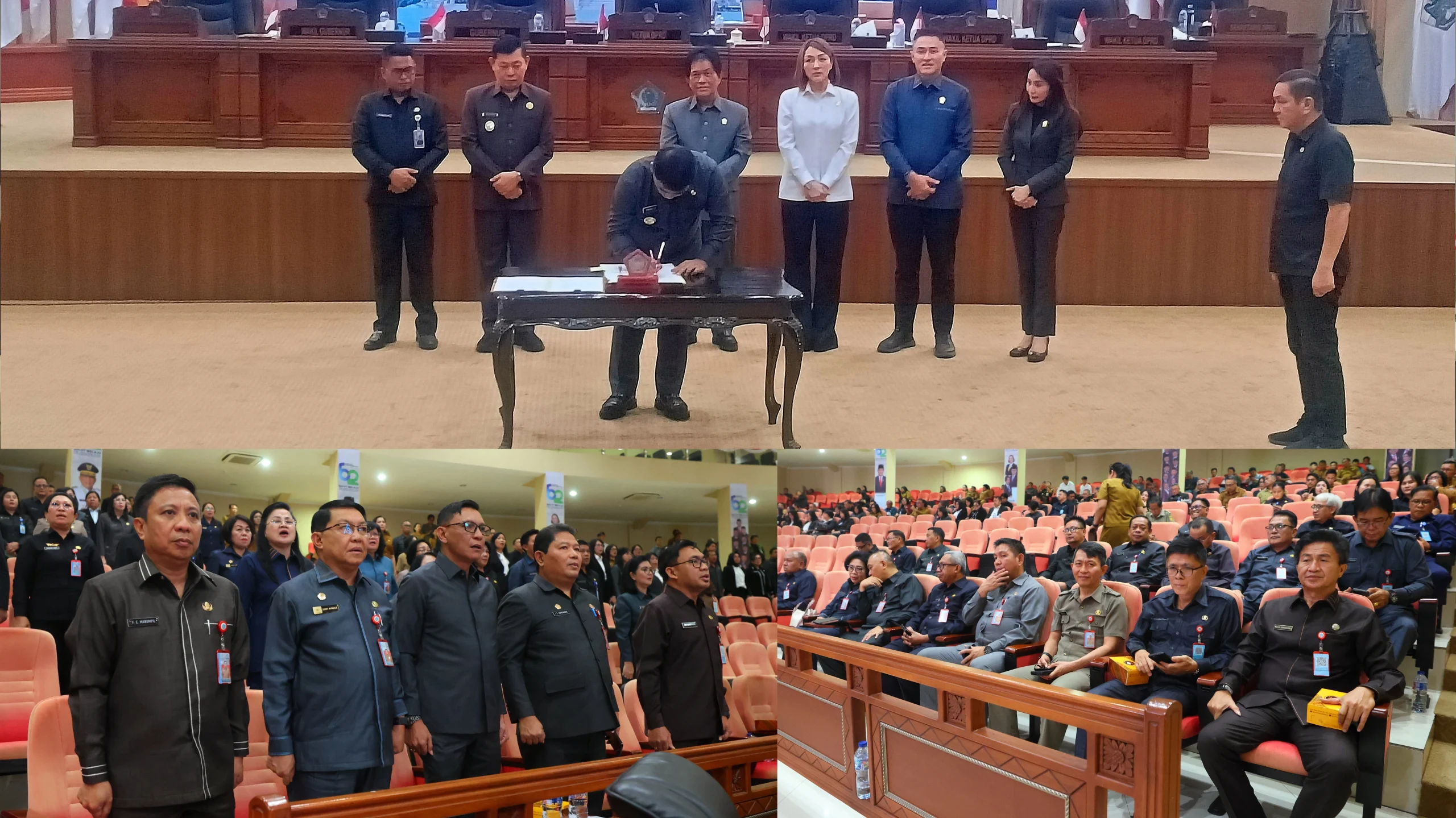 Momen penandatanganan berita acara Perda APBD-P 2026 oleh Gubernur Sulut Yulius Selvanus dan pimpinan DPRD Sulut (atas). Mengingat waktu yang terbatas, DPRD mewanti-wanti SKPD Pemprov (bawah) agar fokus menjaga kualitas dan akuntabilitas. (Foto: Istimewa/ Dok.SUDARA.ID)