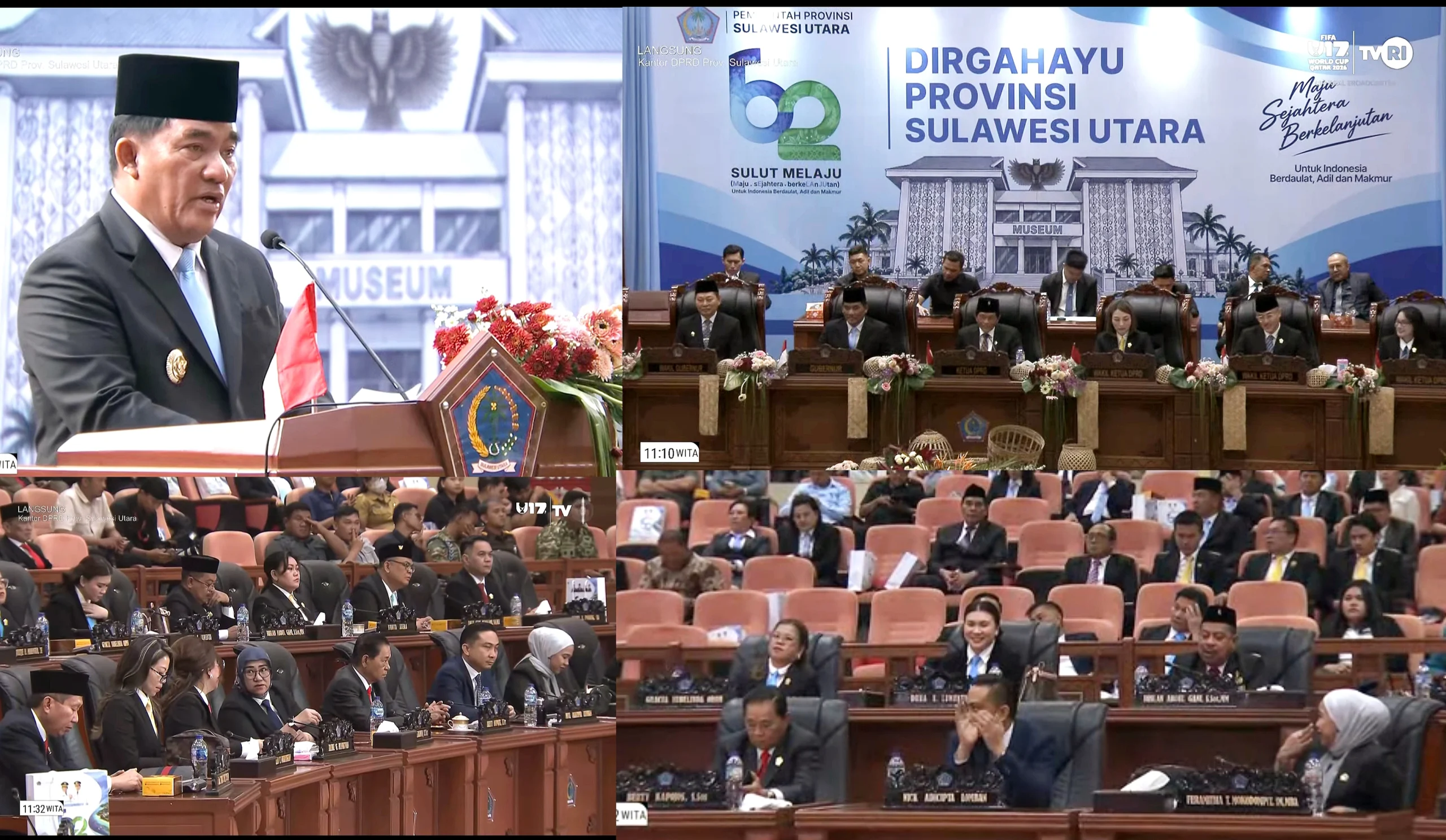 Gubernur Sulut, Mayjen TNI (Purn) Yulius Selvanus SE saat gelar Rapat Paripurna DPRD Sulut dalam rangka HUT ke-62 Provinsi Sulawesi Utara, Selasa (22/9/2026). (Foto: Tangkapan layar YouTube TVRI/ Dok. SUDARA.ID)