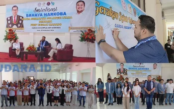 Ketua Dewan Pembina Garda Nusantara Sulut, Standius Bara Prima, M.I.Kom., saat gelar Sosialisasi dan Pencanangan Gerakan Kampus Anti Narkoba di FISIP Unsrat, Senin (28/9/2026). (Foto: Ridho L Tobing)