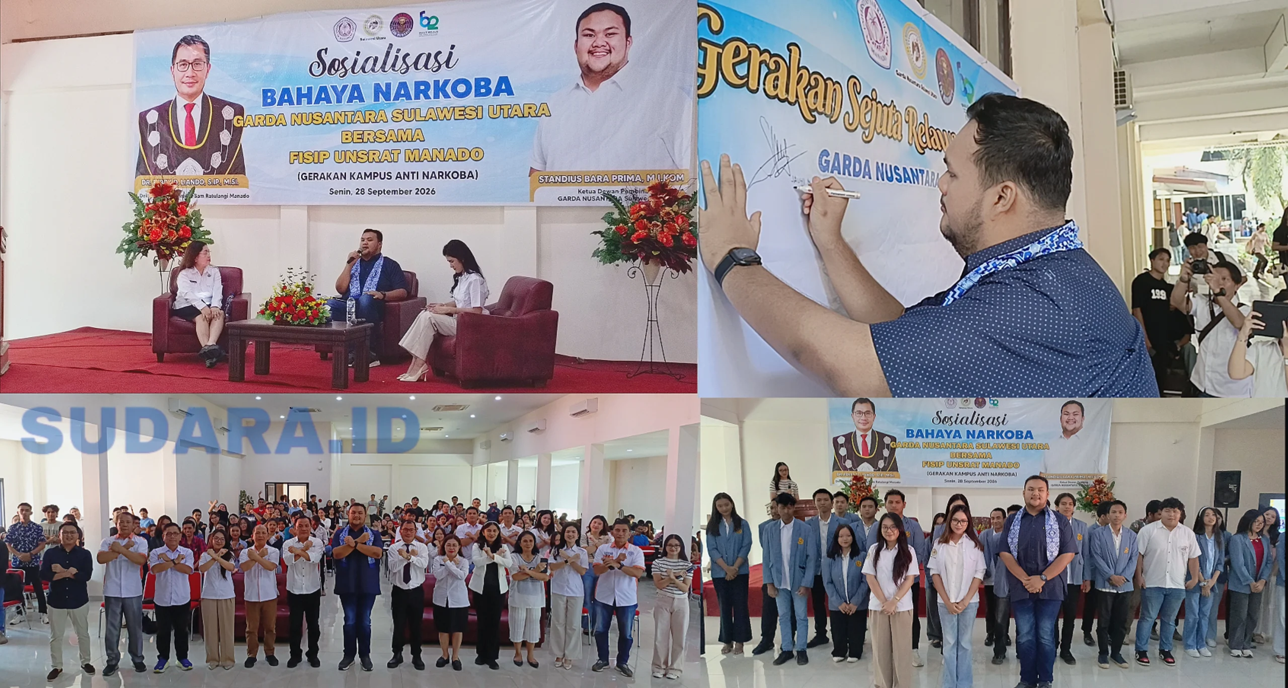 Ketua Dewan Pembina Garda Nusantara Sulut, Standius Bara Prima, M.I.Kom., saat gelar Sosialisasi dan Pencanangan Gerakan Kampus Anti Narkoba di FISIP Unsrat, Senin (28/9/2026). (Foto: Ridho L Tobing)
