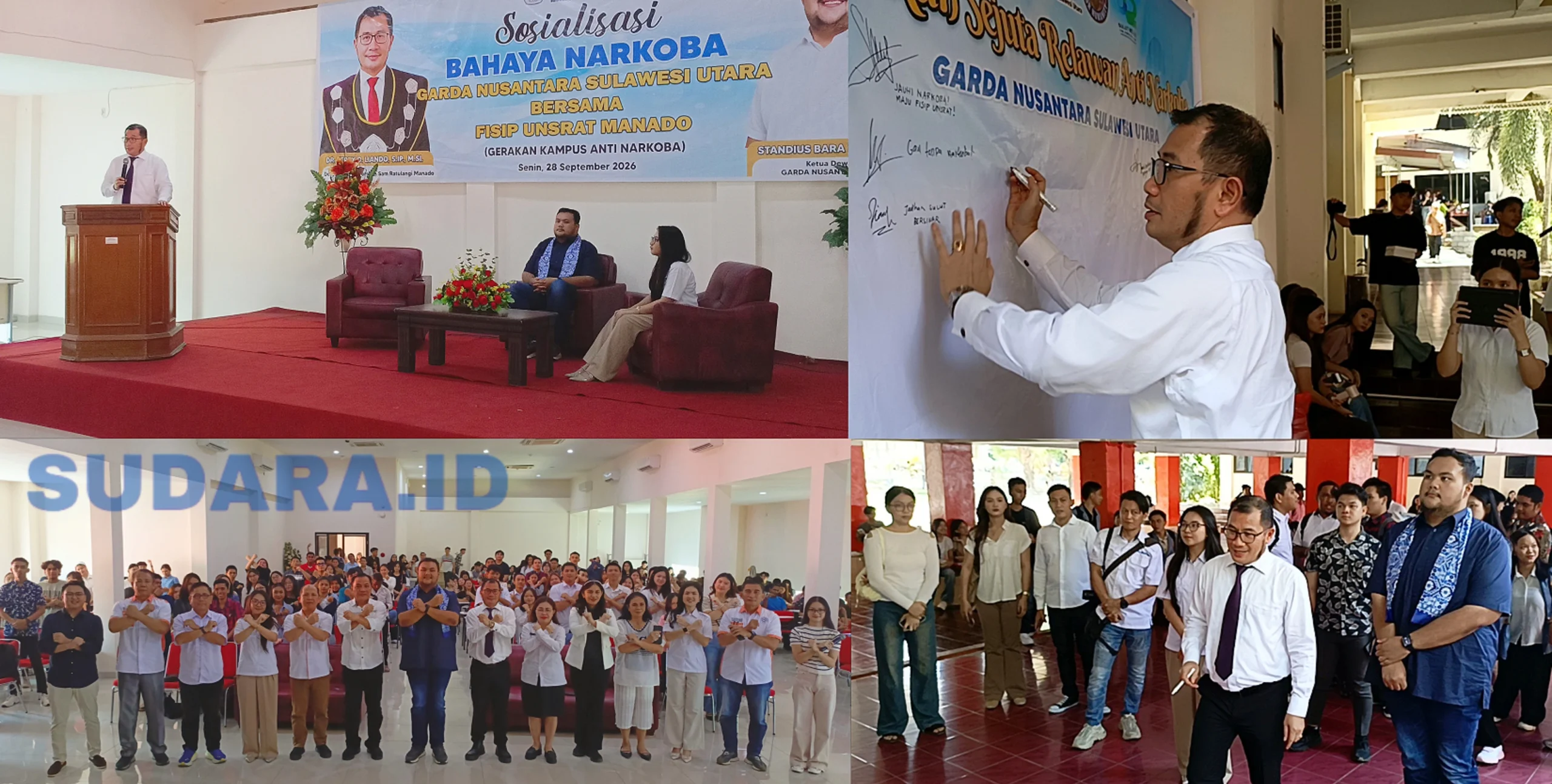 Dekan Fakultas Ilmu Sosial dan Ilmu Politik (FISIP) Universitas Sam Ratulangi (Unsrat), Dr. Ferry Daud Liando, S.I.P., M.Si., dalam rangkaian kegiatan Sosialisasi Bahaya Narkoba yang diinisiasi kerja sama antara FISIP Unsrat dan Garda Nusantara Sulawesi Utara di Gedung Menara FISIP Unsrat, Senin (28/9/2026). (Foto: Ridho L Tobing)