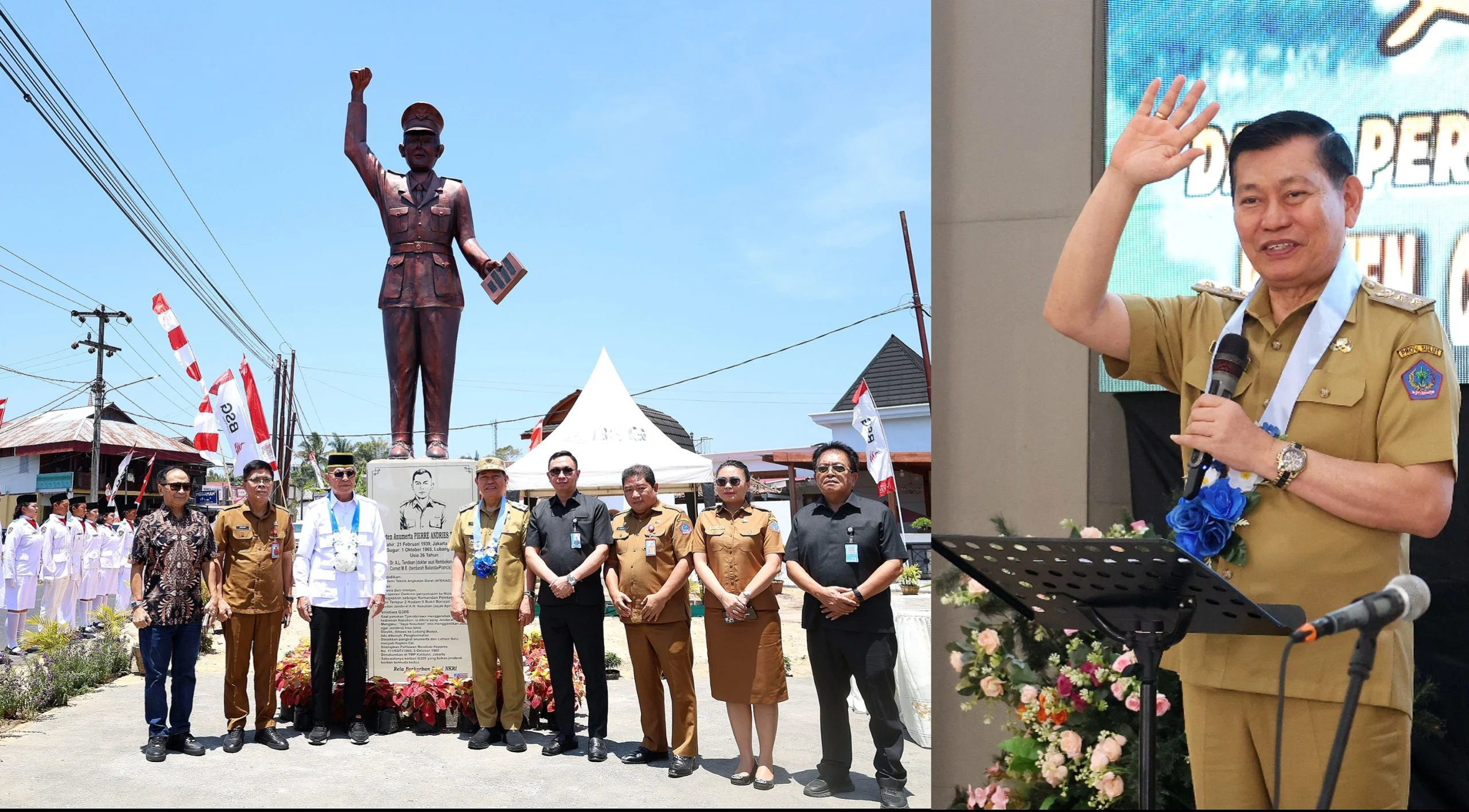 Wakil Gubernur Sulut, Dr. J Victor Mailangkay, S.H., M.H., saat menyampaikan sambutan dan pesan patriotisme Gubernur Sulut Mayjen TNI (Purn.) Yulius Selvanus SE pada peresmian Monumen Pahlawan Nasional Pierre Tendean di Remboken, Minahasa. (Foto: Istimewa)