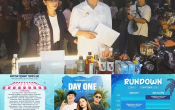 Walikota Hengky Honandar dan Ketua Dekranasda Kota Bitung, Ny Ellen Honandar Sondakh saat menyambangi Bitung Market & Expo FPSL 2026 di Kawasan Satrol Kodaeral VIII. (Foto: Istimewa)