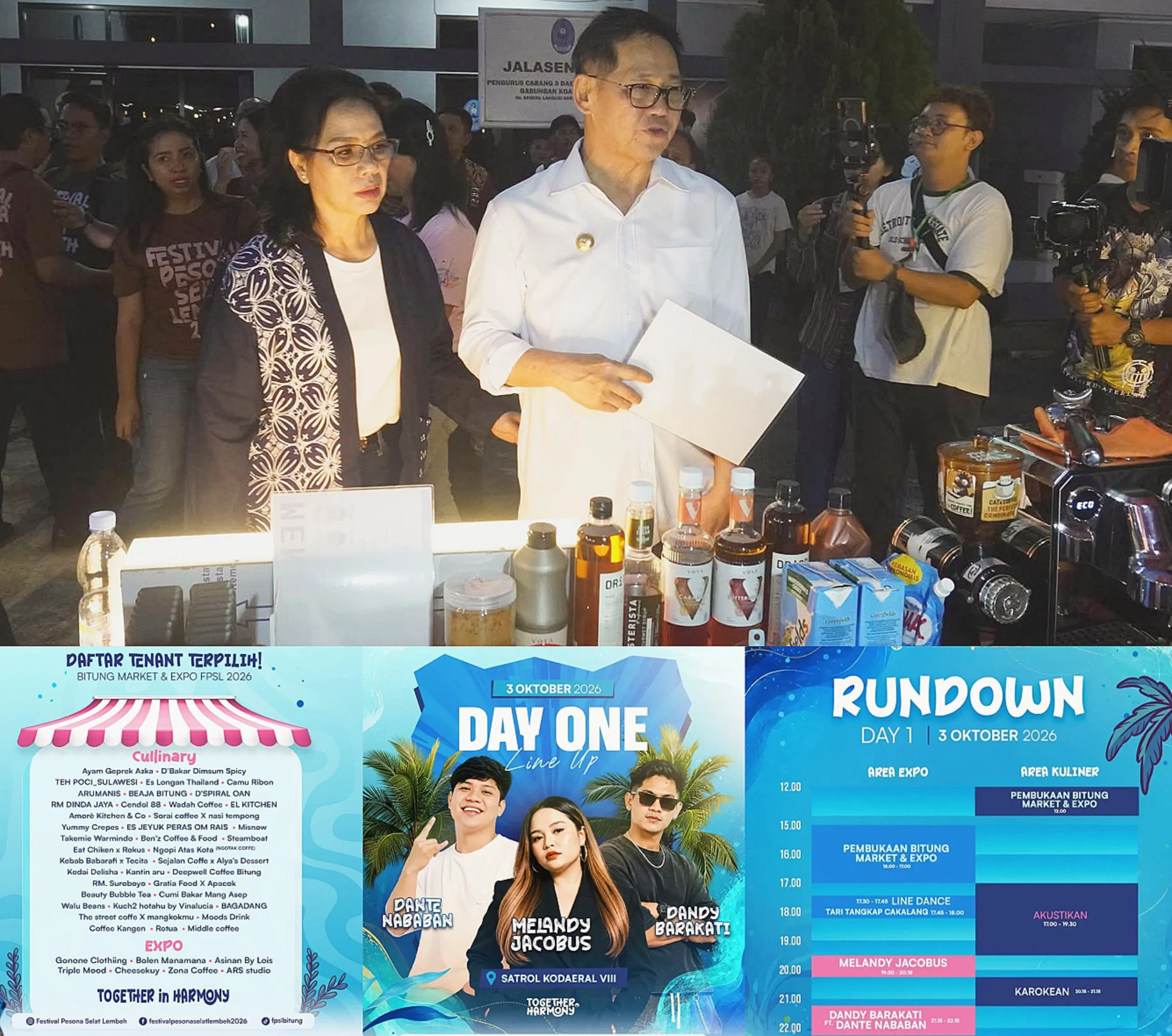 Walikota Hengky Honandar dan Ketua Dekranasda Kota Bitung, Ny Ellen Honandar Sondakh saat menyambangi Bitung Market & Expo FPSL 2026 di Kawasan Satrol Kodaeral VIII. (Foto: Istimewa)
