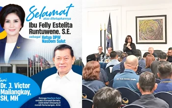 Dr. J. Victor Mailangkay, SH, MH, menyampaikan ucapan selamat kepada Felly Estelita Runtuwene, SE, sebagai nakhoda baru DPW Partai NasDem Sulawesi Utara. (Foto: Istimewa)