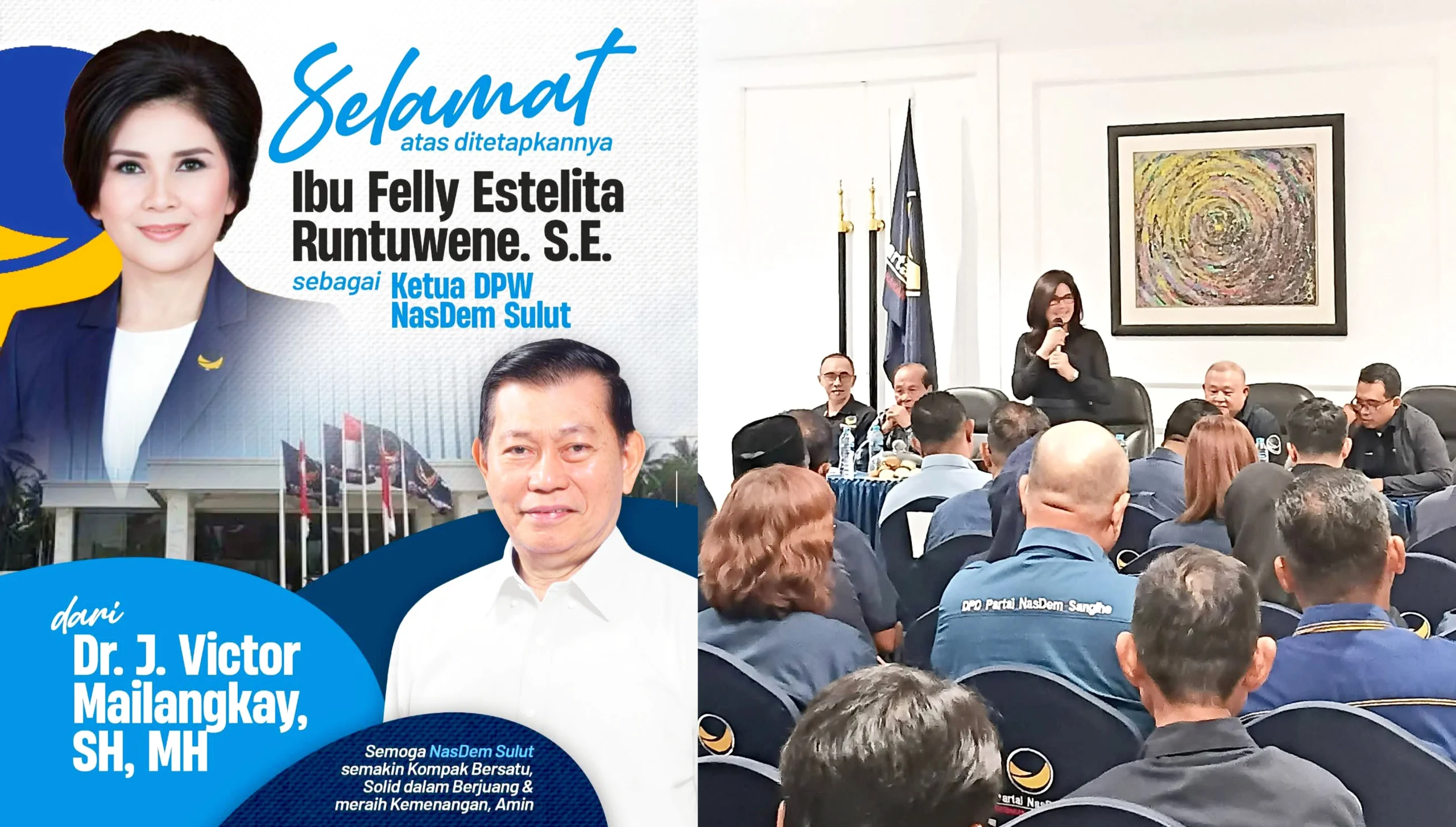Dr. J. Victor Mailangkay, SH, MH, menyampaikan ucapan selamat kepada Felly Estelita Runtuwene, SE, sebagai nakhoda baru DPW Partai NasDem Sulawesi Utara. (Foto: Istimewa)