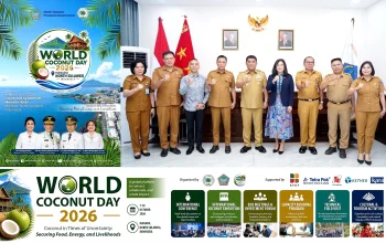 Gubernur Sulawesi Utara, Mayjen TNI (Purn) Yulius Selvanus, S.E., bersama Direktur Eksekutif ICC, Dr. Jelfina C. Alouw, saat mematangkan persiapan acara. (Kiri) Flyer resmi World Coconut Day (WCD) 2026 yang dihelat di Manado, 7–10 Oktober 2026, mengusung misi hilirisasi dan penguatan poros kelapa dunia. (Dok. Istimewa)