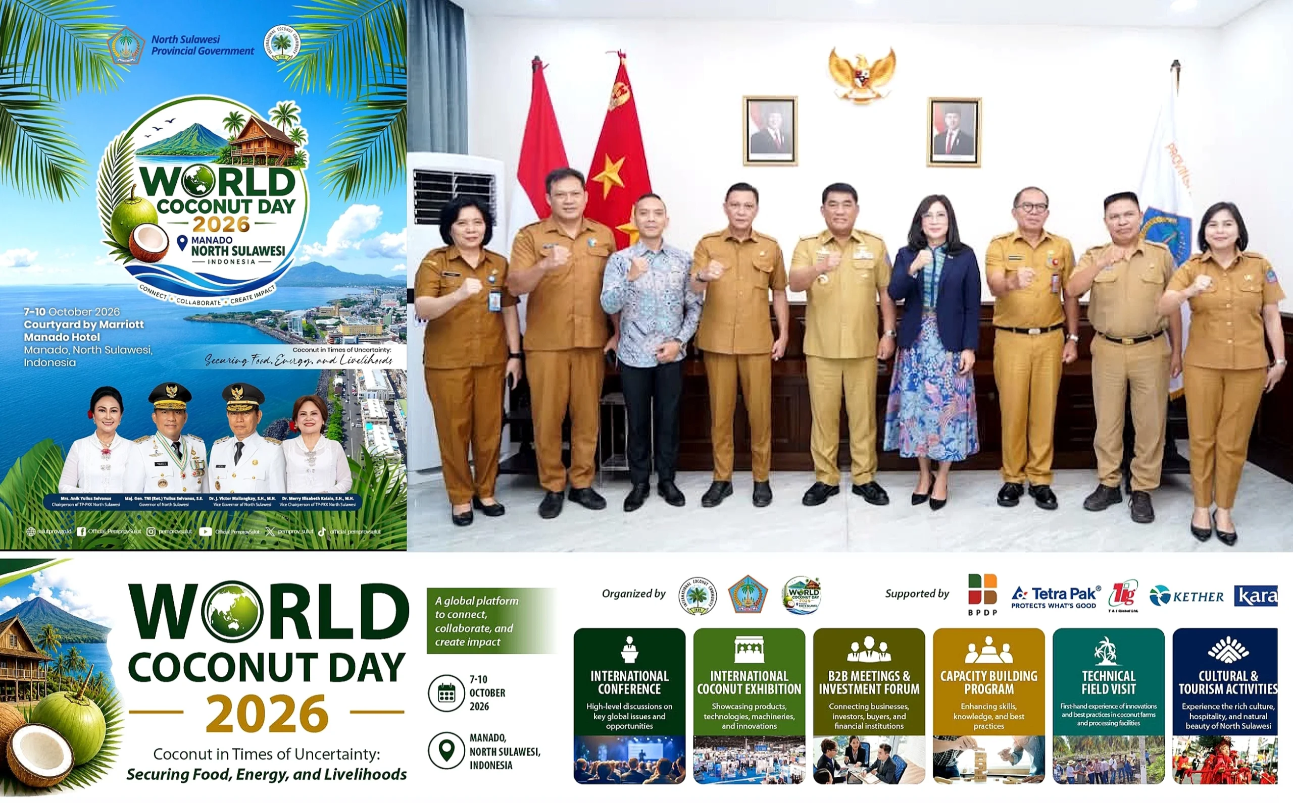Gubernur Sulawesi Utara, Mayjen TNI (Purn) Yulius Selvanus, S.E., bersama Direktur Eksekutif ICC, Dr. Jelfina C. Alouw, saat mematangkan persiapan acara. (Kiri) Flyer resmi World Coconut Day (WCD) 2026 yang dihelat di Manado, 7–10 Oktober 2026, mengusung misi hilirisasi dan penguatan poros kelapa dunia. (Dok. Istimewa)