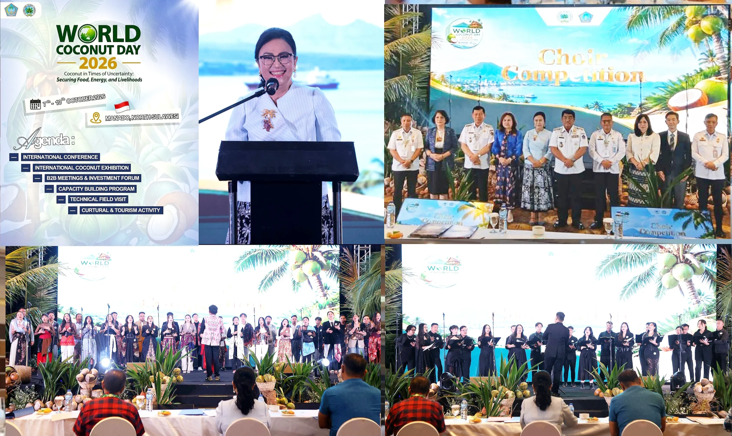 Suasana Choir Competition dalam rangkaian World Coconut Day 2026 di Sulawesi Utara. Acara ini dihadiri oleh Gubernur Sulawesi Utara Mayjen TNI (Purn.) Yulius Selvanus, S.E., dan Ketua TP PKK Sulawesi Utara Ny. Anik Yulius Selvanus, Rabu (7/10), yang merajut harmoni suara sekaligus menyalakan semangat kebangkitan ekonomi kelapa daerah. (Foto: Istimewa)