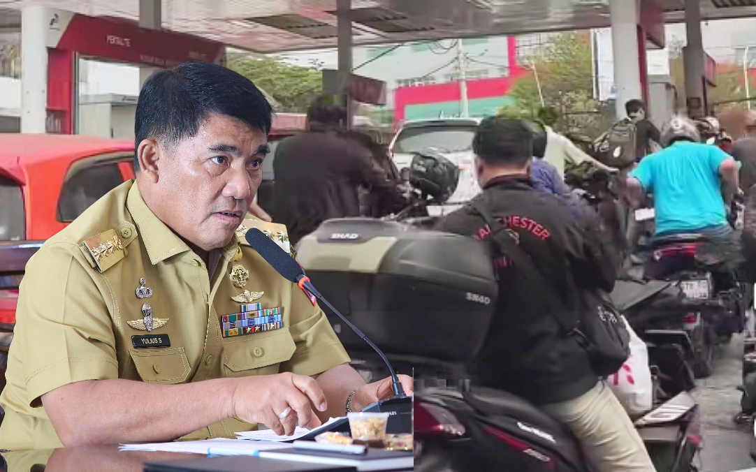 Gubernur Sulut Yulius Selvanus mengambil langkah taktis terpadu guna mengintervensi pasokan Pertalite. Tampak suasana antrean kendaraan yang mengular di SPBU Sario, Manado, Kamis (15/10/2026). (Foto: Istimewa)